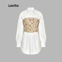 Áo sơ mi nữ Lovito cổ điển tay dài màu trắng phối vải hoa