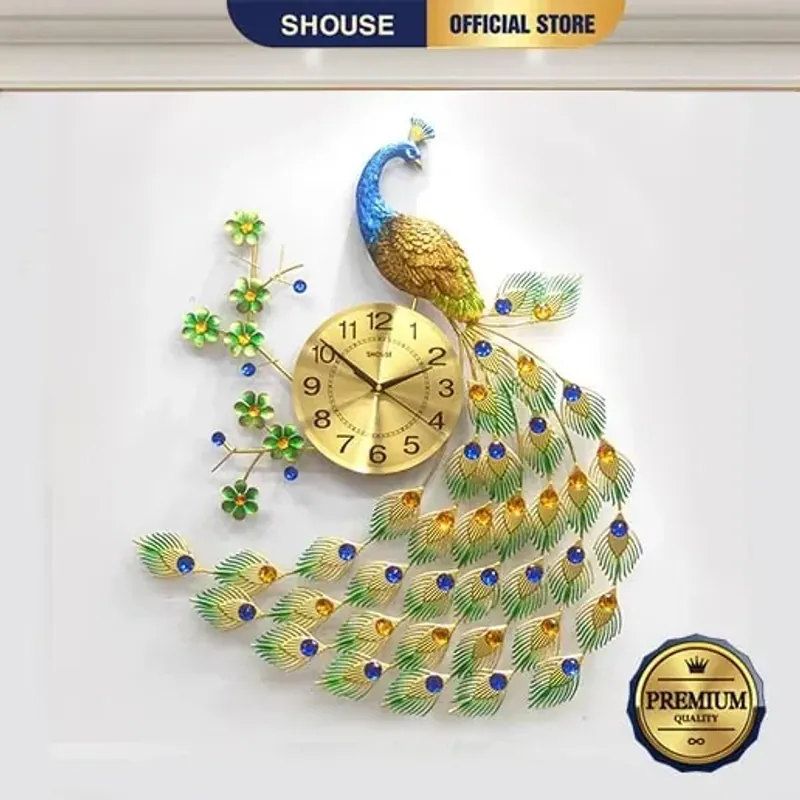 Đồng hồ trang trí hình công peacock cánh kim loại sơn tĩnh điện màu vàng xanh 3920