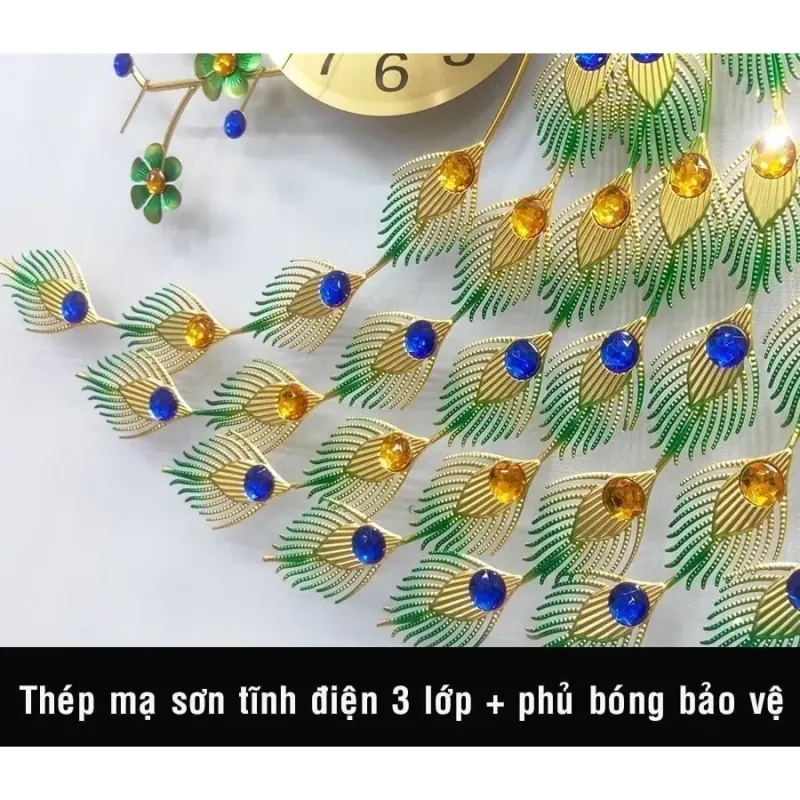 Đồng hồ trang trí hình công peacock cánh kim loại sơn tĩnh điện màu vàng xanh 3920