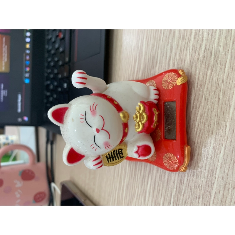 Mèo thần tài phong thủy, tượng decor lộc phát, màu trắng đỏ, cao cấp 3475